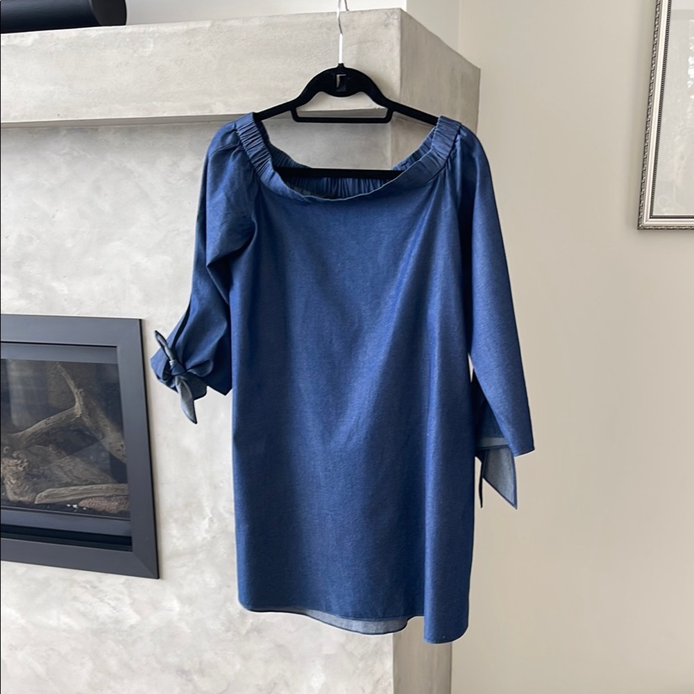 Tibi Stylish Blue Denim Off-Shoulder Mini Dress
